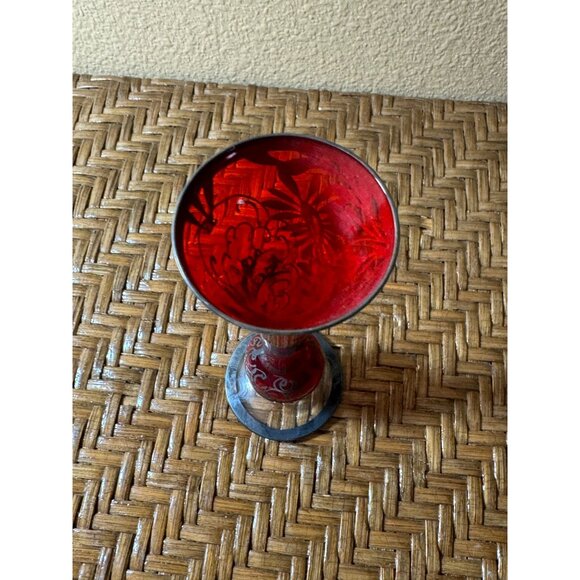 Vintage Floral Silver Over Lay Glass Bud Vase Red & Black - Picture 5 of 8